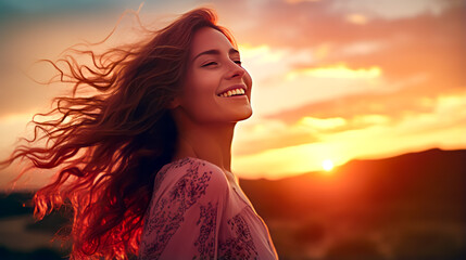 Wall Mural - Woman with her hair blowing in the wind with sunset in the background.