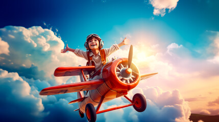 Boy in pilot's outfit is sitting on top of airplane.