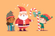 Little Christmas elves and Santa Claus together. Multicultural Little Santa's helpers with holiday gifts and candies. Set of adorable cartoon characters. Flat vector illustration.