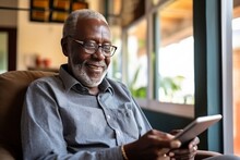 Lderly Black Man Reading News On Tablet While Sitting In Living Room At Home
