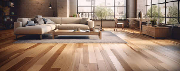 Beautiful living room interior in luxury house with wood floor concept.