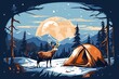 camping adventure in winter in the wilderness tent and deer illustration
