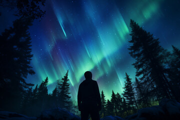 Poster - An intimate shot of a person gazing up in awe at the aurora, their silhouette outlined against the cosmic hues.