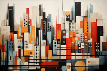 Poster - An abstract interpretation of a city skyline, with buildings transformed into geometric shapes and patterns.