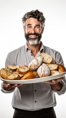 Canvas Print - A man holding a plate of bread and pastries