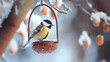 A tit sits on a feeder in winter.