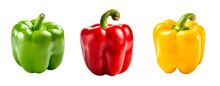 Set Of Red, Green And Yellow Bell Peppers Over Isolated Transparent Background