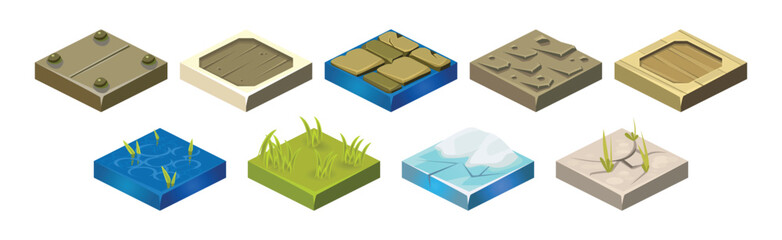 Poster - Ground Textures Game Surface and Platform Square Isometric Vector Template Set