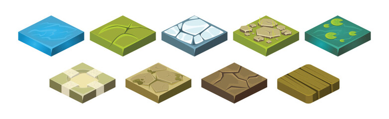 Poster - Ground Textures Game Surface and Platform Square Isometric Vector Template Set