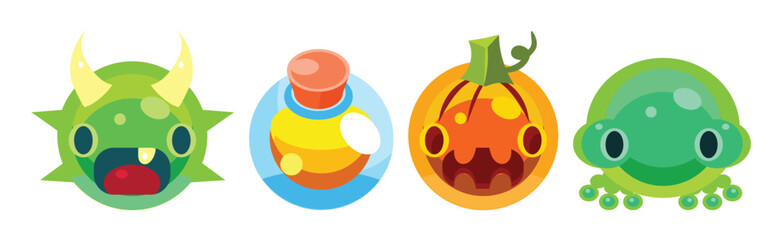 Poster - Flat Assets for Mobile Game with Funny Creatures Vector Set