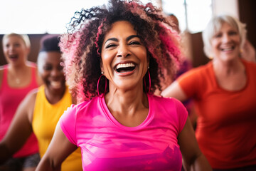 Attractive mature women dancing zumba in gym.