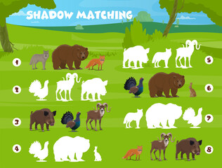 Aufkleber - Shadow matching game, forest hunting animals and birds, vector kids quiz worksheet. Wild bear, fox and wolf with grouse, mountain goat and rabbit, find and match same silhouette in puzzle game