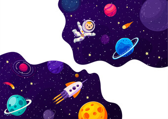 Poster - Space banner, cartoon astronaut and starship in galaxy space planets, vector background. Kid spaceman and spaceship in outer space, galaxy world with rockets in galactic starry sky and alien planets