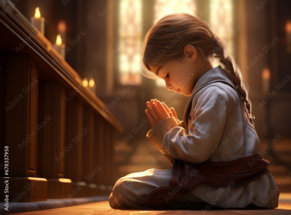 Cute little girl with hands clasped together praying indoors. A child ...