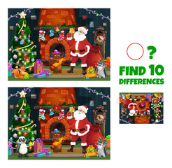 Aufkleber - Find ten differences on Christmas interior kids game worksheet with cartoon Santa Claus, bear and hedgehog in room with fireplace and decorated holiday pine tree. Vector Educational children riddle