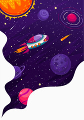 Poster - Cartoon spaceship in galaxy. Starry space landscape. Vector futuristic shuttle engine or spacecraft travel in Universe explore alien planets, stars and asteroids. Starship cosmic exploration mission