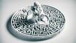altgriechische Marmorstatue sitzt im Labyrinth, Suche nach dem Sinn und Komplexität des Lebens