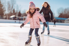 Happy Mother And Daughter Having Fun And Skating On Outdoor Skating Rink