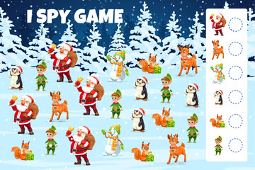 Poster - Christmas i spy game with holiday characters. Kids vector riddle with cartoon funny Santa, elf helper, snowman, squirrel and reindeer in night wood. How many personages children test, educational task