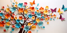 Butterfly Tree On The White Background, Colorful Tree, Decorative Tree Art, 3d Abstract Colorful Tree With Leaves On Hanging Branches Illustration Background Generative Ai

