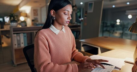Poster - Woman, journalist and typing on computer at night in research, writing or project deadline at office. Female person or writer working late on schedule plan, tasks or documents on PC at workplace