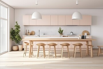 Sunny stylish dining area with large wooden table, high chairs, kitchen worktop with tap and large window. Kitchen in Scandinavian style, minimalism or hygge