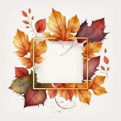 Wall Mural - Square frame with autumn leaves watercolor painted isolated on white background. Theme of vintage minimal art design in geometric. Finest generative AI.