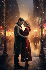 Couple embracing - Christmas Xmas Winter Season - Snowing - Movie Poster Cinematic Style - retro style - Christmas decoration, winter city street