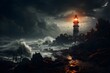 Majestic Lighthouse in Stormy Night: Waves Crashing, Sky Illuminated