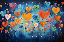 Watercolor Hearts In The Style Of Children's Drawing, Background. Valentine's Day Concept. Backdrop With Copy Space