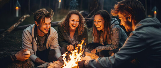 Group Of Happy Friends Sit Around Campfire Laughing While They Tell Stories - Generative Ai