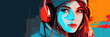 A modern digital art portrait of woman listening to music, filled with bright and lively colors
