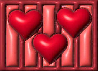 Poster - Red hearts on a background of inflated stripes, 3D rendering illustration