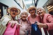 Group of happy grannies making selfie during shopping in mall with shopping bags. 