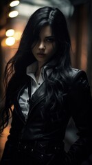 Wall Mural - A woman with long black hair wearing a leather jacket