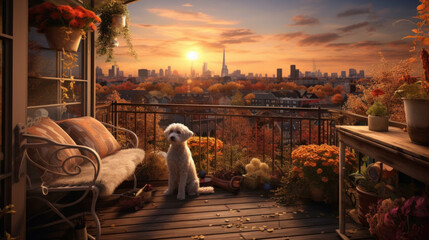 Wall Mural - A dog sitting on a porch with a view of a city