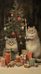 Wall Mural - A couple of cats sitting next to a christmas tree