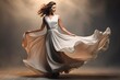 A young girl in a silk, light dress dances on a dark background. A modern, ball gown develops on girls in motion. Elegance, femininity, emotional impulse, fashion.