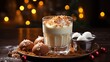 Traditional eggnog with nutmeg and cinnamon in a glass, a festive decoration for the drink. Restaurant serving, banner with bokeh