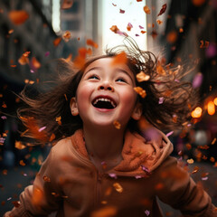 Canvas Print - A joyful young girl laughs amidst a shower of confetti. Generative AI.