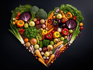 Poster - Heart shaped vegetables and fruits on black background. Generative AI.