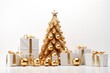 luxurious Christmas tree adorned with golden decorations and surrounded by beautifully wrapped presents on white background