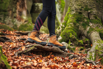 Wall Mural - leather hiking boot. woman in leggings walks in the autumn woodland. sports clothing
