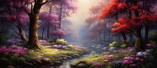 enchanting landscape of a lush forest the vibrant hues of spring adorn the trees grass and blooming flowers with golden sunlight filtering through the clouds painting a breathtaking backgrou