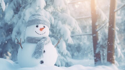 The Christmas snowman is in the middle of a snowy sunny forest. Christmas concept