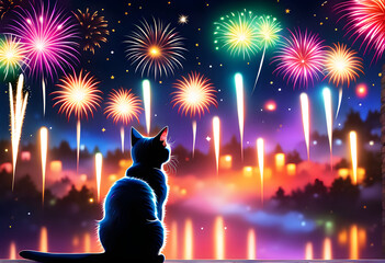 A cat watching fireworks. Generative AI