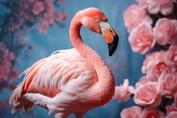 Wall Mural - Pink flamingo on the background of the wall with exotic beautiful flowers, bright tropical concept