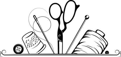 Scissors, sewing needle and thread frame. Design for sewing and cutting