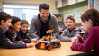 Teacher and students, mechanical robot programming, young students