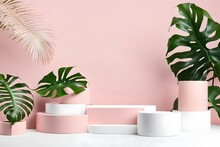 White Geometric Podiums For Presentation And Monstera Leaf On White Pink Background.